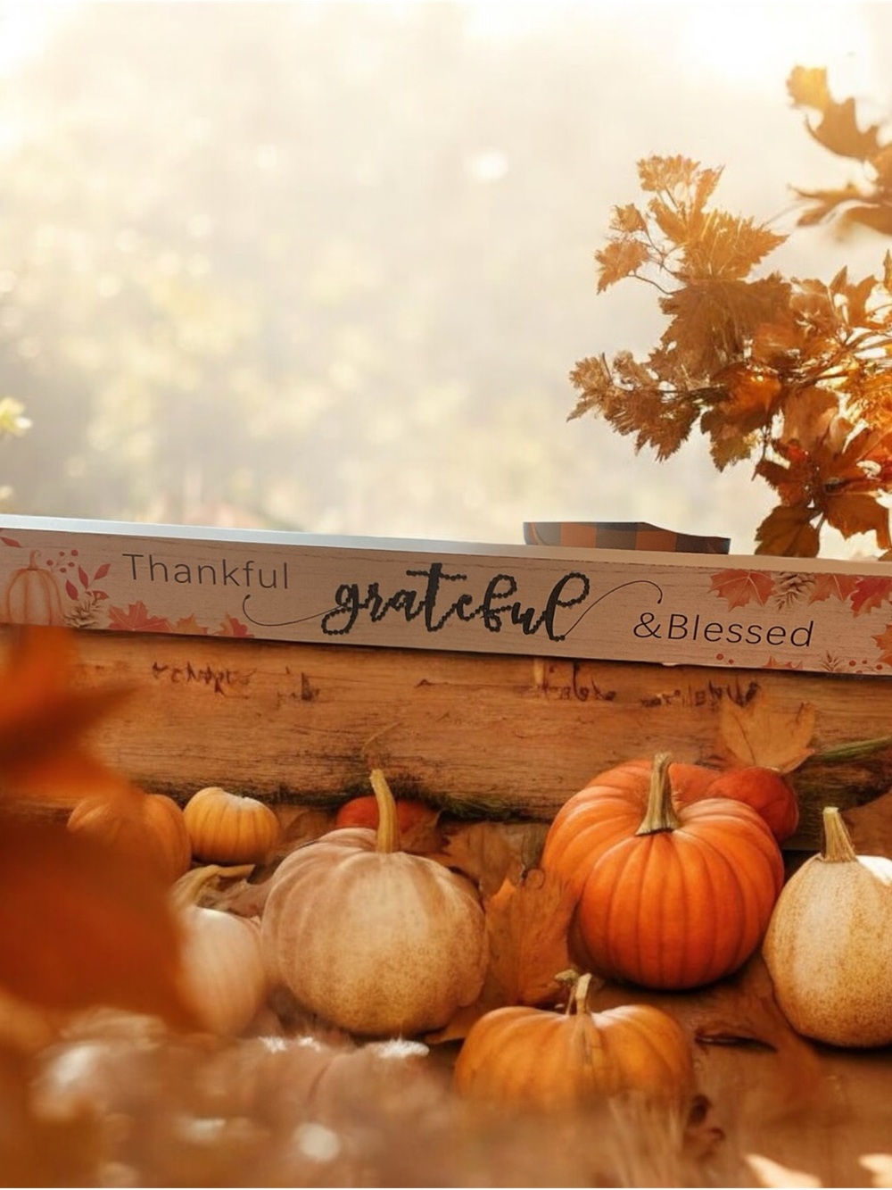 Thankful Grateful & Blessed Wooden Fall Sign with Diamond Art Accents Sealed